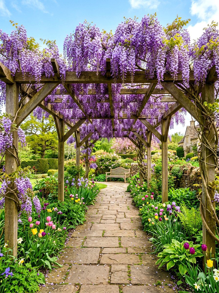 Wisteria Covered Pergola - 30 cottage backyard ideas