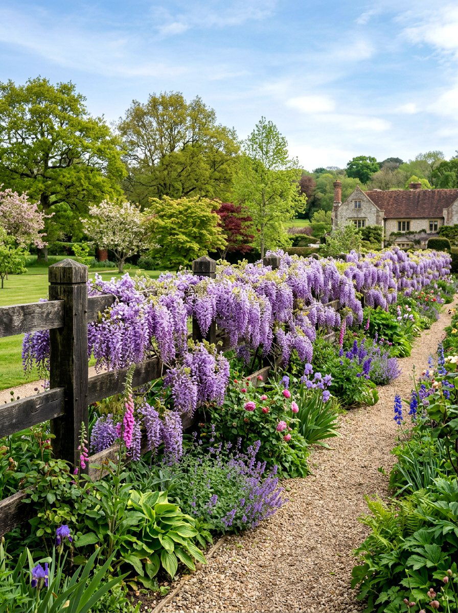 Wisteria Draped Fence Line - 30 fence line flower bed ideas