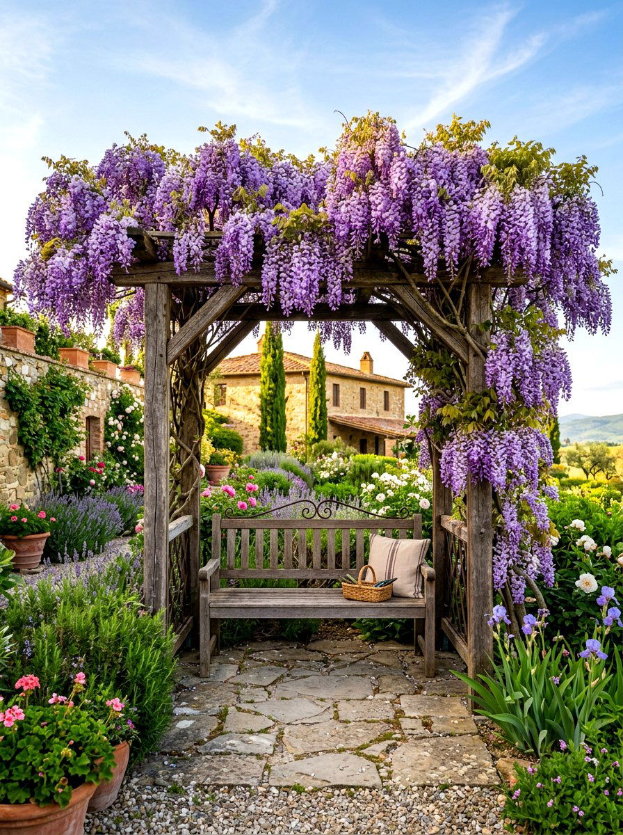 Wisteria covered arbor bench - 30 garden arbor seating ideas