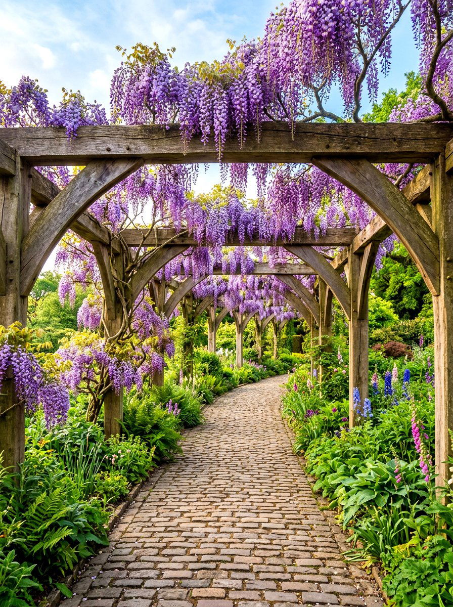 Wisteria covered arched pergola path - 30 pergola walkway ideas
