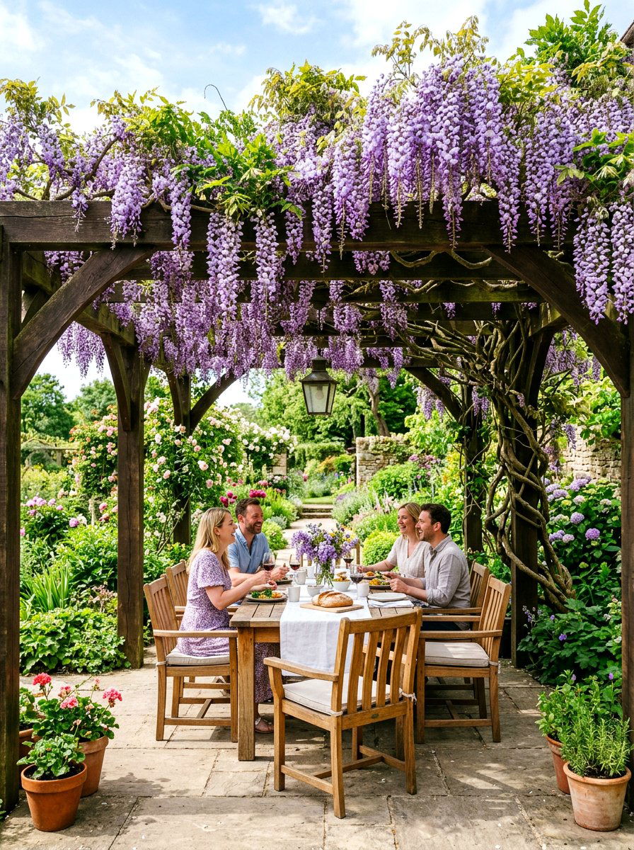 Wisteria patio canopy - 30 blue and purple garden ideas