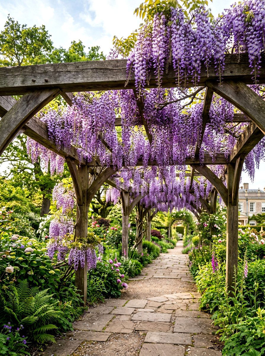 Wisteria pergola - 30 purple flower garden ideas