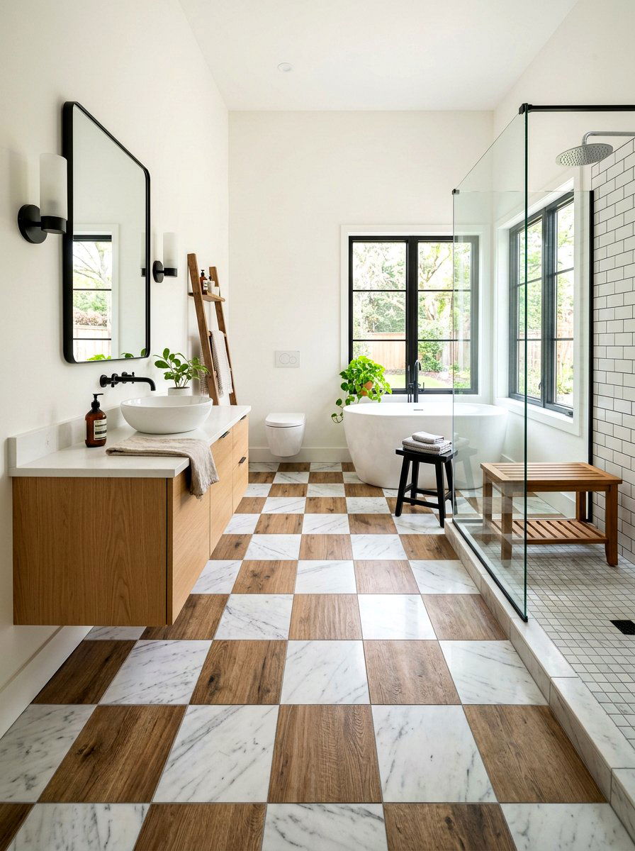 Wood And Tile Checkerboard Bathroom - 30 checkerboard bathroom floor ideas