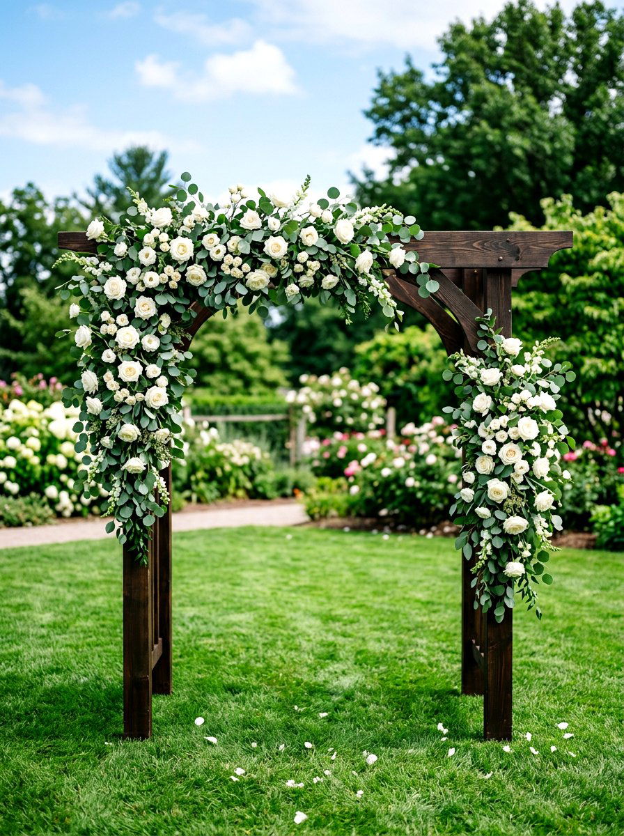 Wood Arch Floral Arrangement - 30 backyard wedding decor ideas