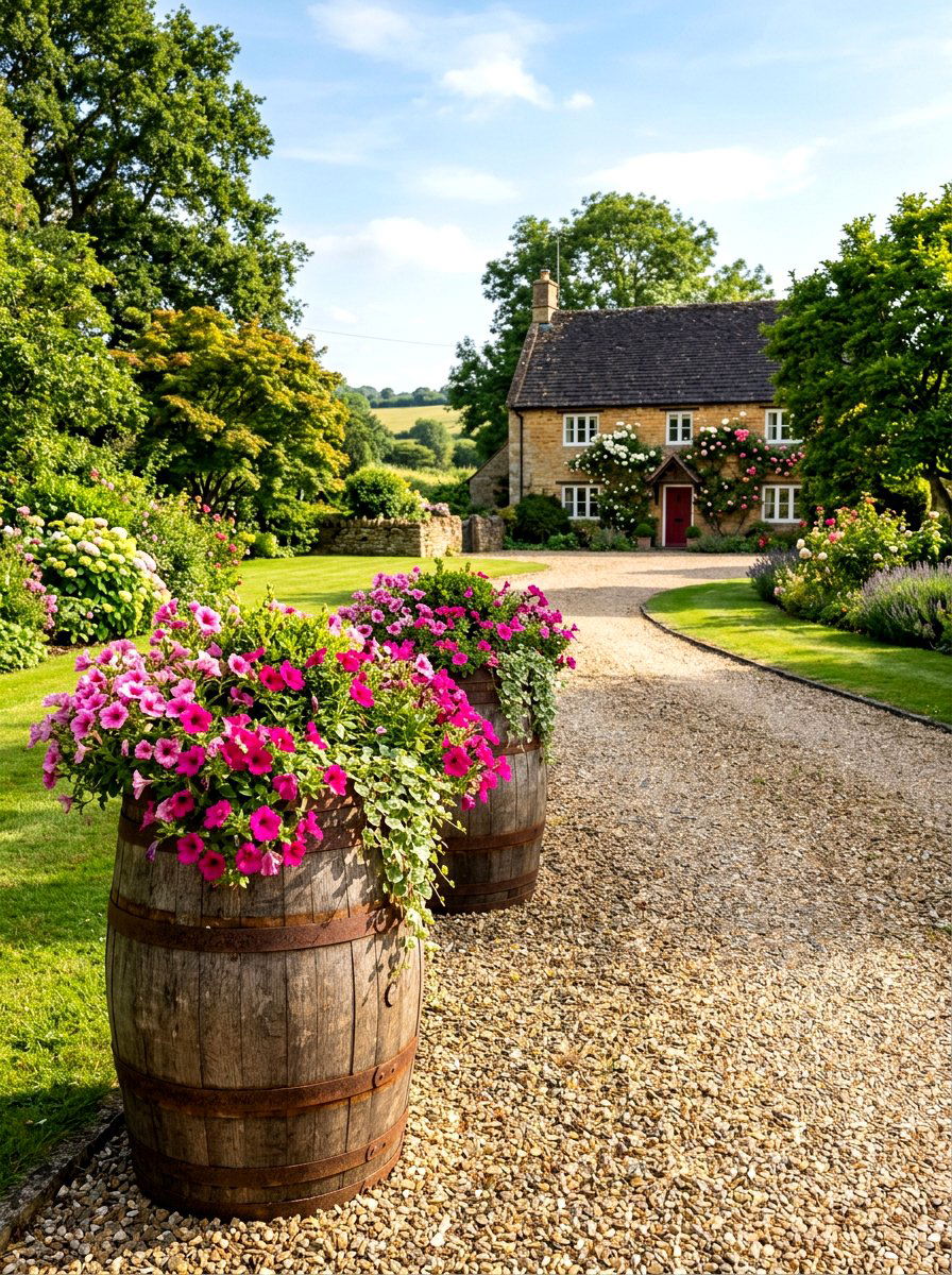 Wood Barrel Driveway Planters - 30 oversized planter curb appeal ideas
