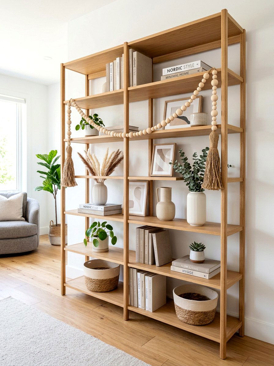 Wood Bead Bookshelf Garland - 30 bookshelf garland ideas