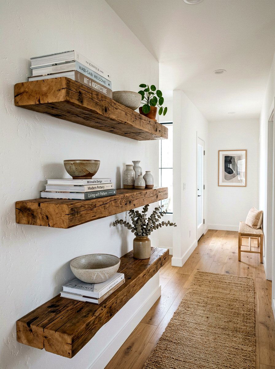 Wood Beam Floating Shelf - 30 hallway bookshelf ideas
