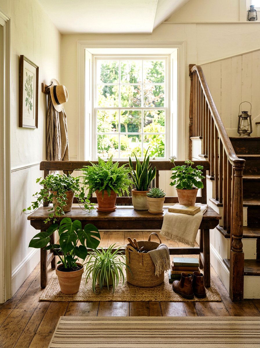 Wood Bench Greenery - 30 staircase plant corner ideas