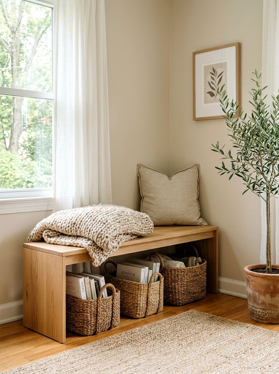 Wood Bench - 30 guest room reading corner ideas
