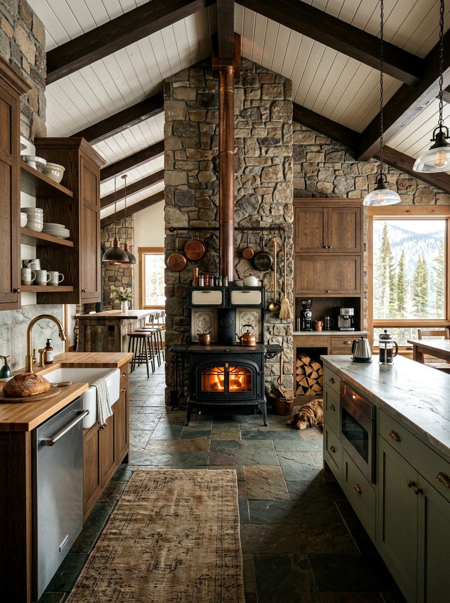 Wood Burning Cookstove Kitchen - 30 cabin kitchen ideas