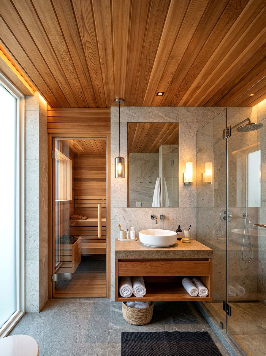 Wood Ceiling In Modern Bathroom - 30 sauna inspired bathroom ideas