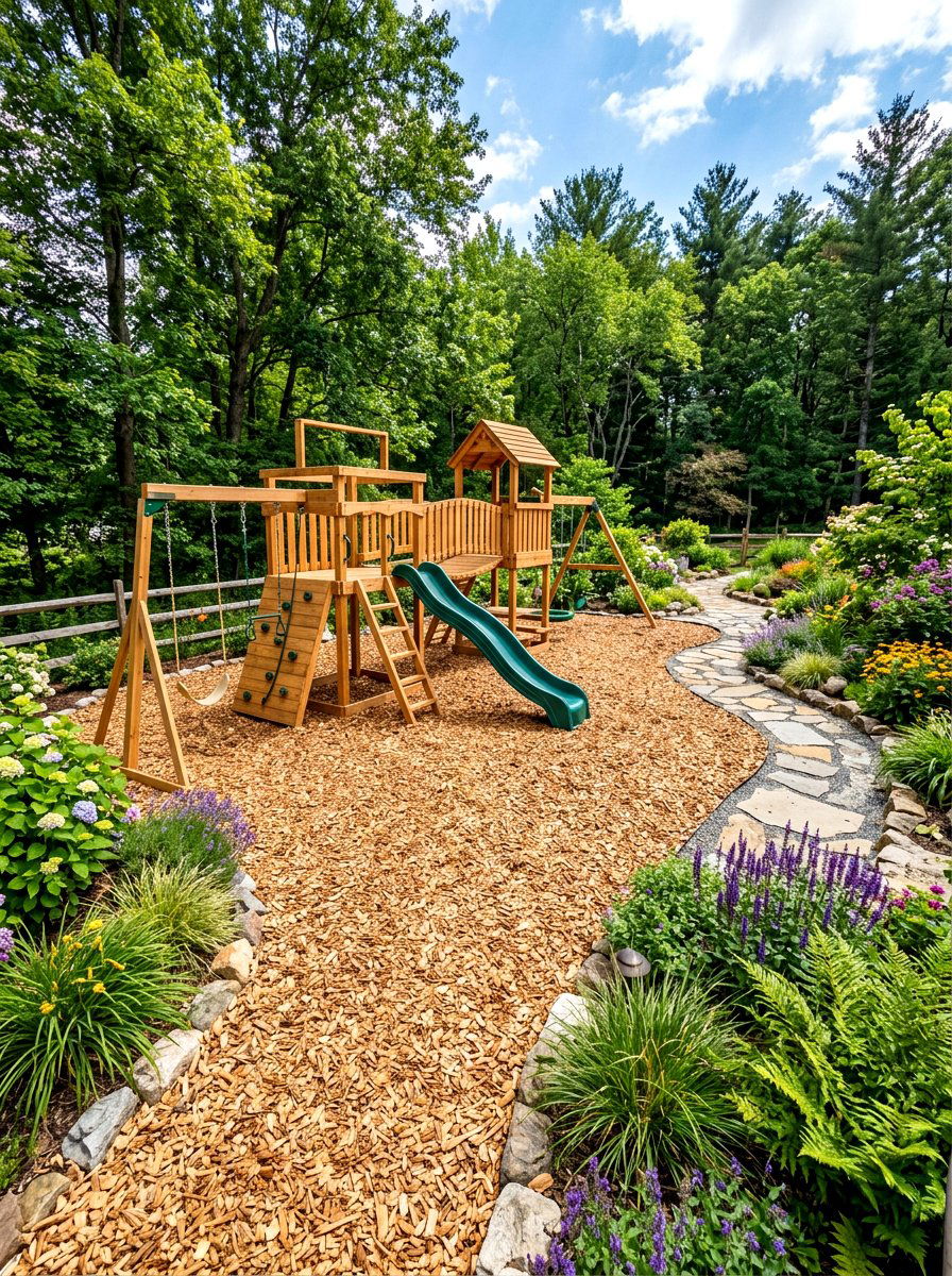 Wood Chip Area - 30 no mow lawn garden ideas