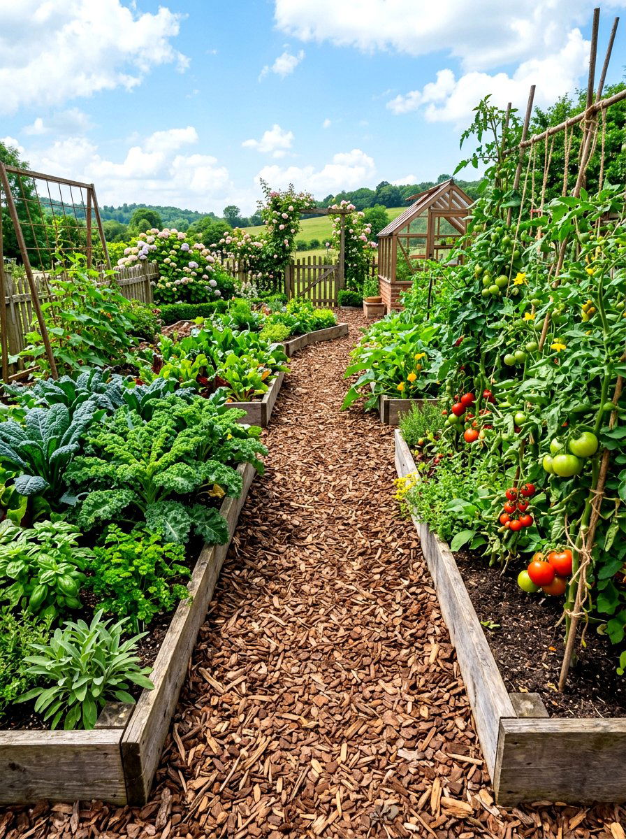 Wood Chip Path - 30 vegetable garden path ideas