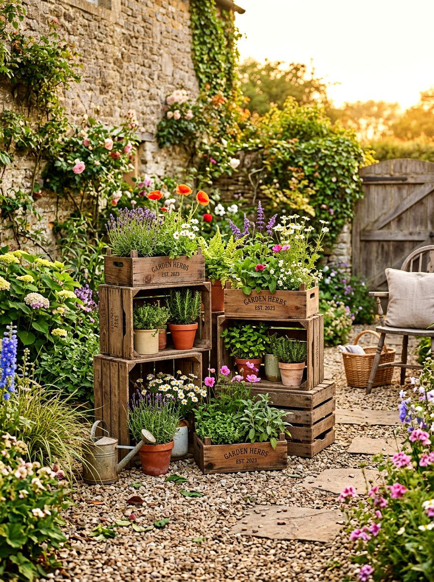 Wood Crate Display - 30 container garden stand ideas