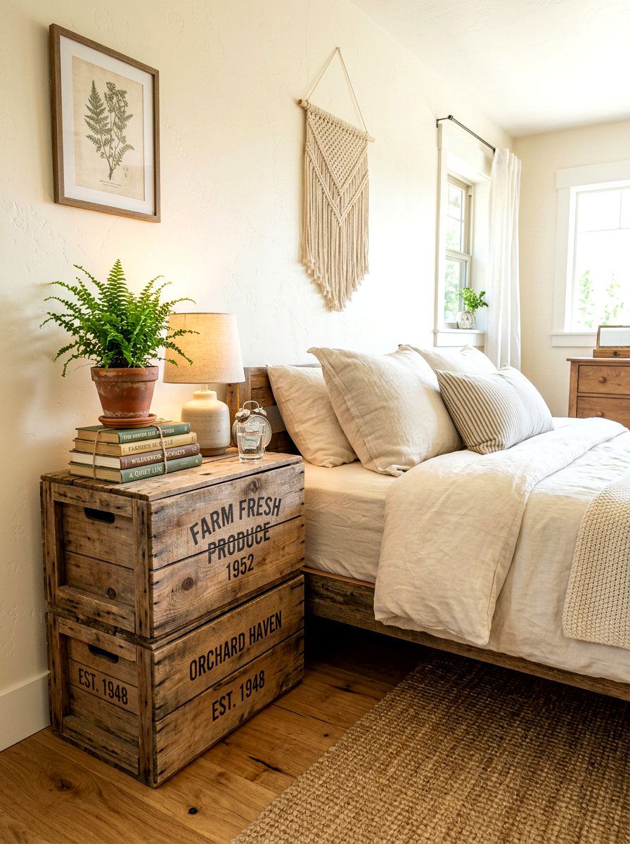 Wood Crate Nightstand - 30 flower market bedroom ideas