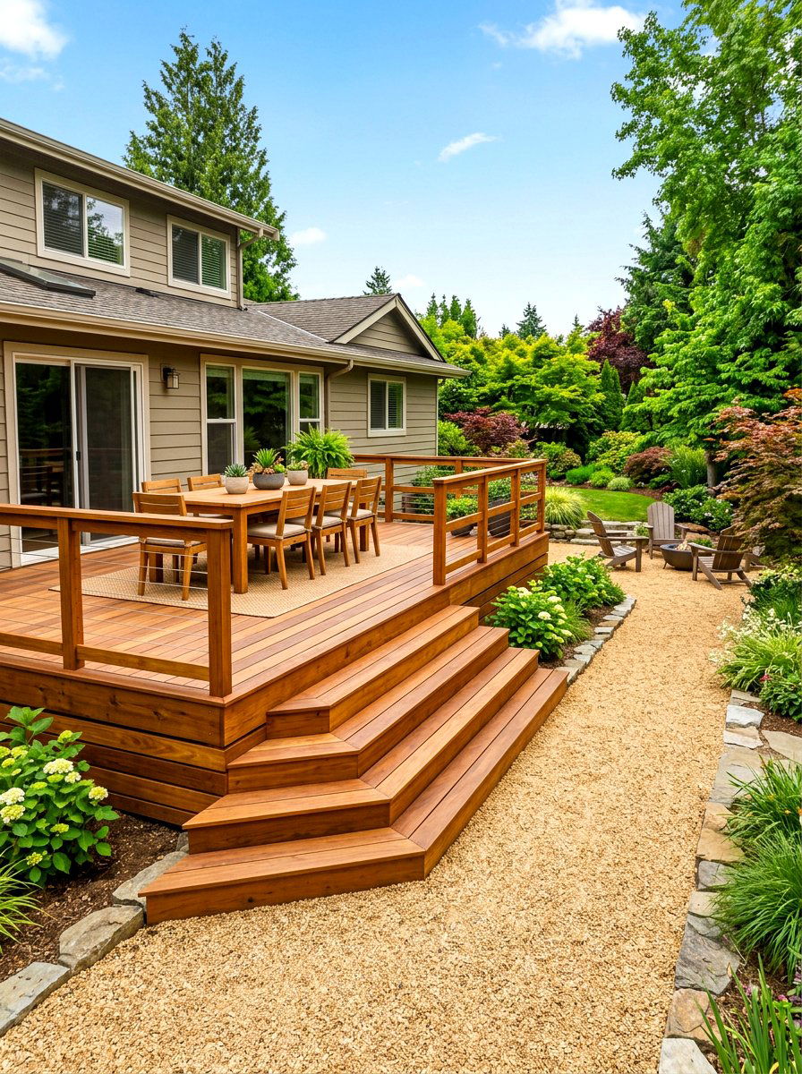 Wood Deck Integration - 30 pea gravel patio ideas