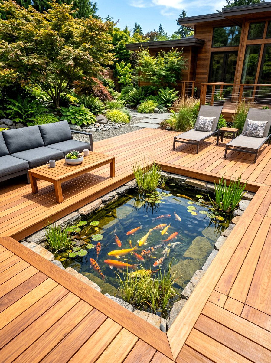 Wood Deck Pond - 30 koi pond ideas