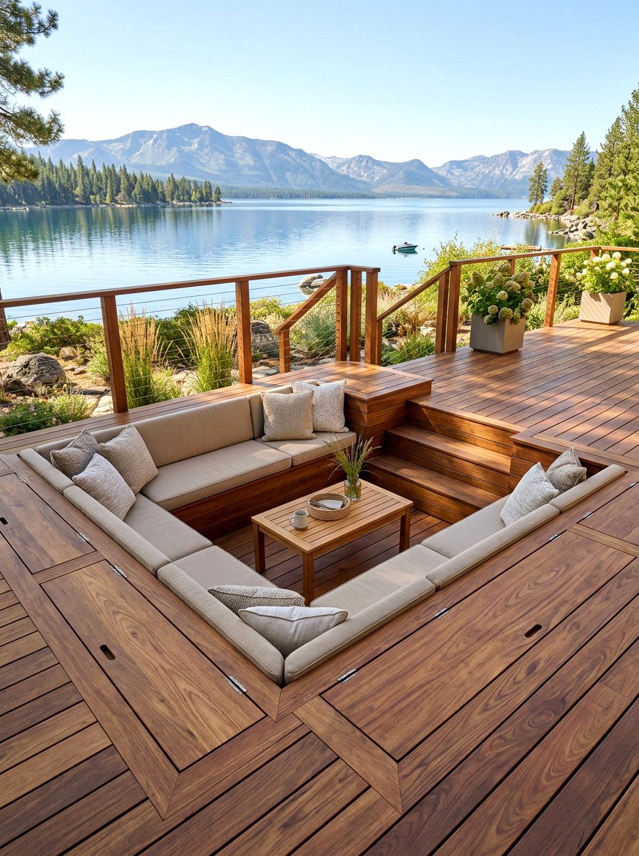 Wood Deck Recessed Seating - 30 conversation pit patio ideas