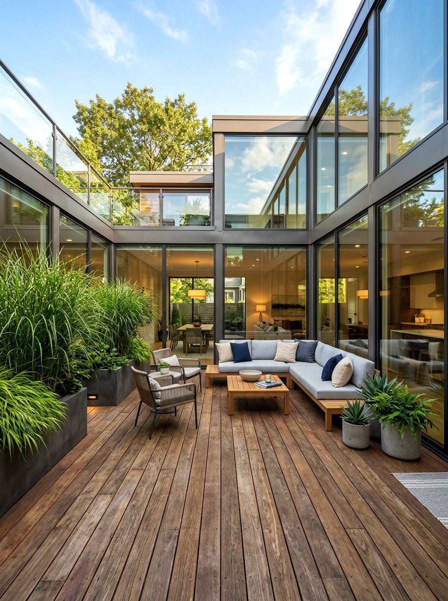 Wood Decked Central Courtyard - 30 courtyard style backyard ideas
