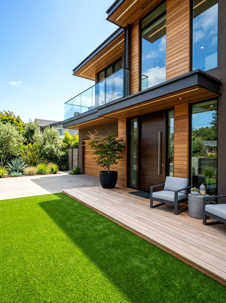 Wood Decking Integration - 30 artificial grass front yard ideas