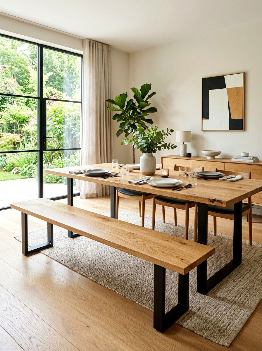 Wood Dining Bench Black Metal Legs - 30 black and wood decor ideas