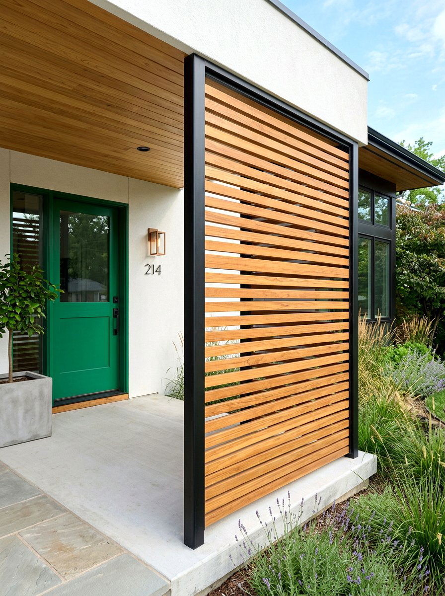 Wood Entry Screen - 30 asymmetrical curb appeal ideas