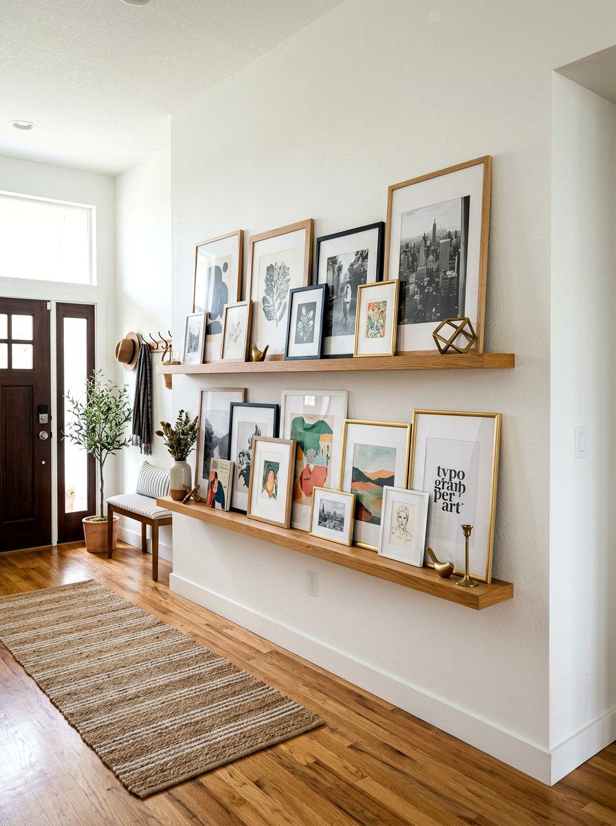 Wood Floating Art Ledge - 30 art wall foyer ideas