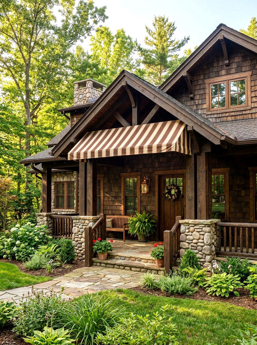 Wood Frame Striped Canvas Awning - 30 striped awning front porch ideas