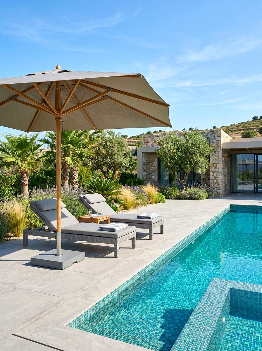 Wood Grain Aluminum Umbrella - 30 poolside umbrella lounge ideas