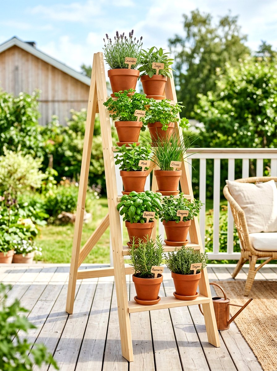 Wood Ladder Herb Stand - 30 herb garden bed ideas
