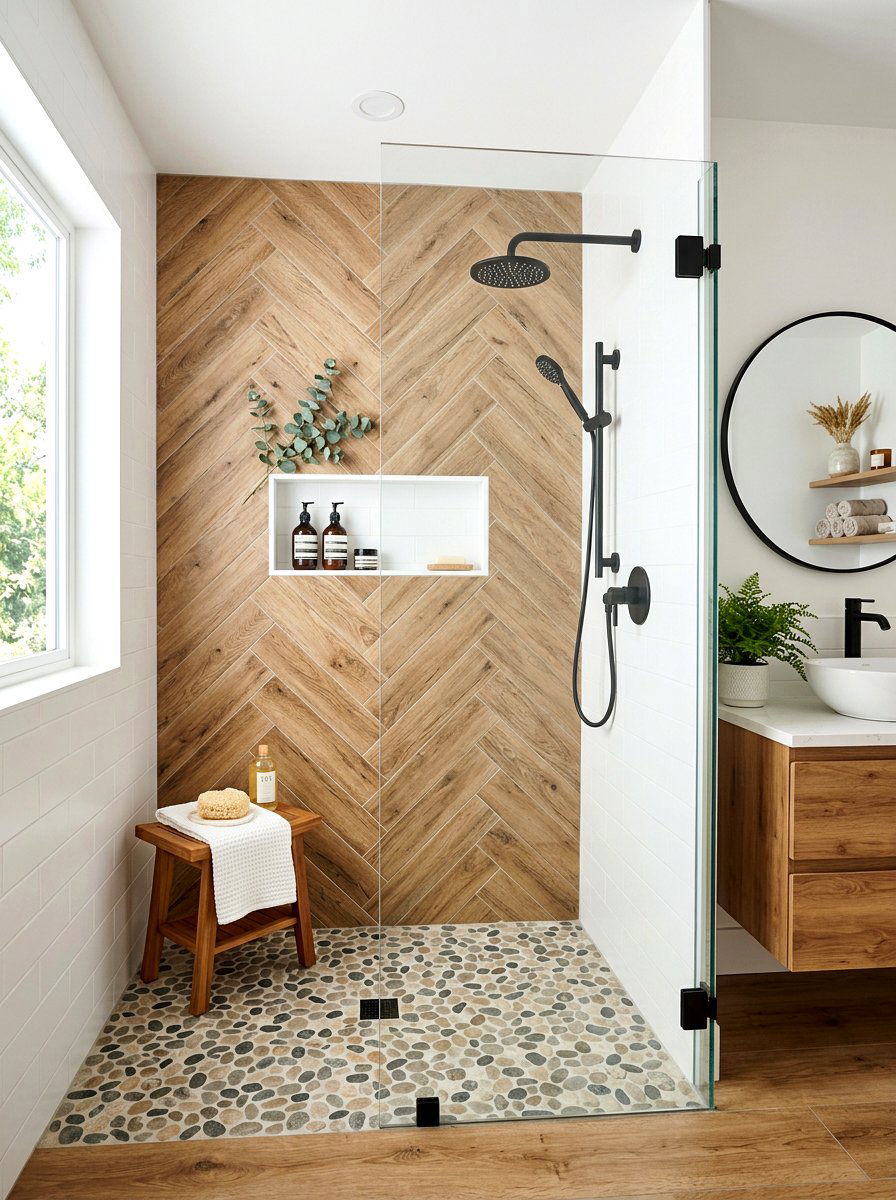 Wood Look Herringbone Shower Tile - 30 herringbone shower tile ideas