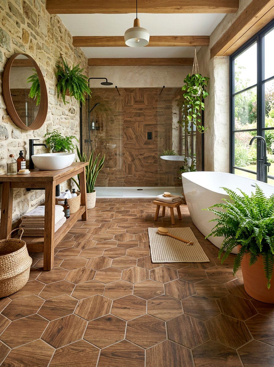 Wood Look Hexagon Tile Bathroom - 30 hex tile bathroom ideas