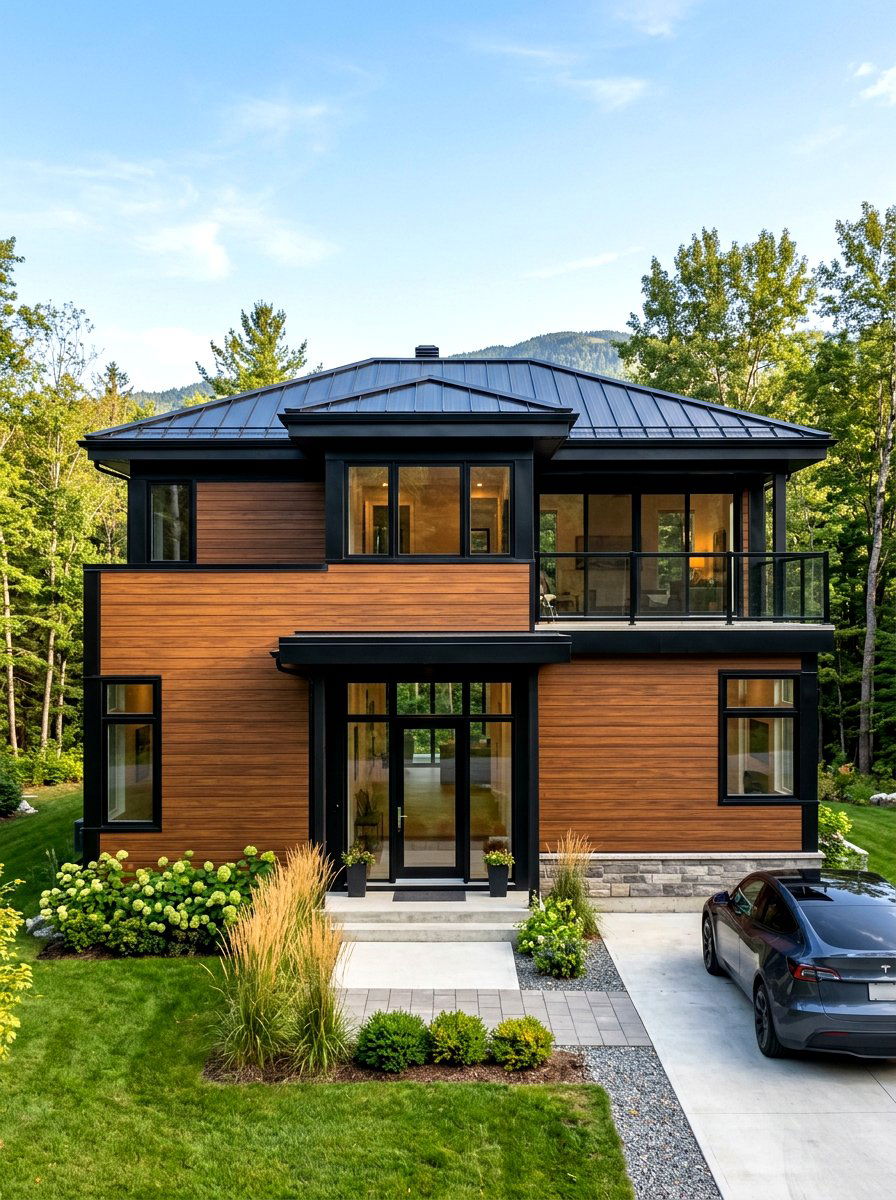 Wood Look Metal Siding With Black Trim - 30 mixed siding exterior ideas