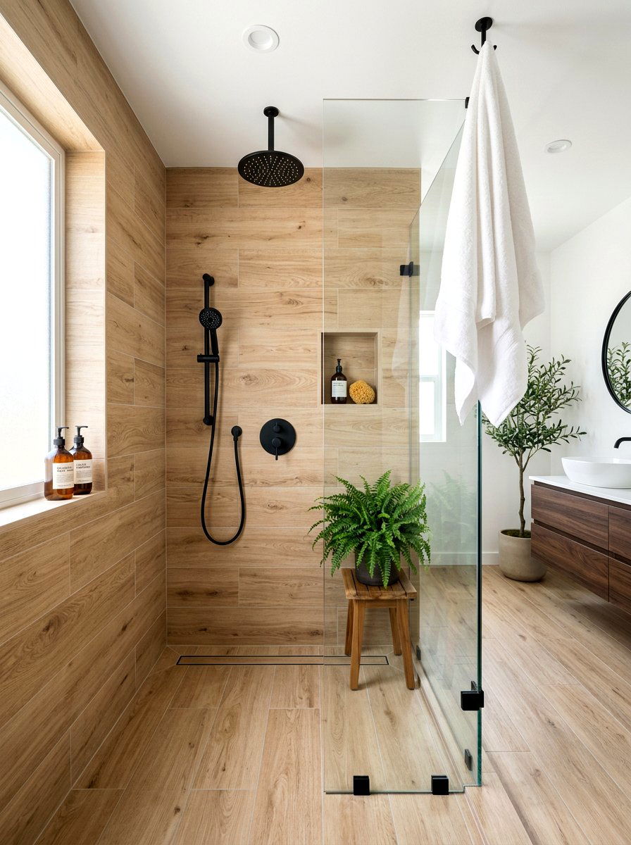 Wood Look Tile Shower - 30 shower tile pattern ideas