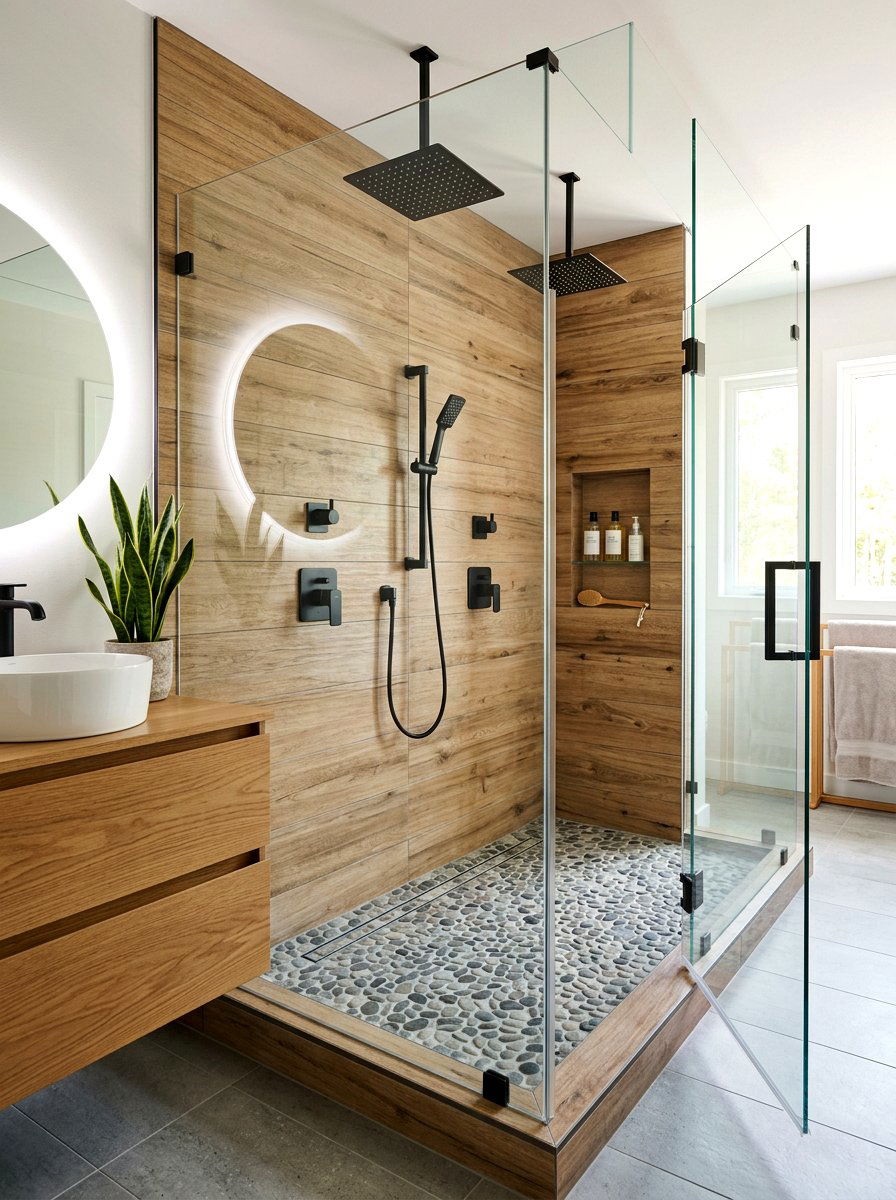 Wood Look Tile Shower - 30 double shower wall ideas