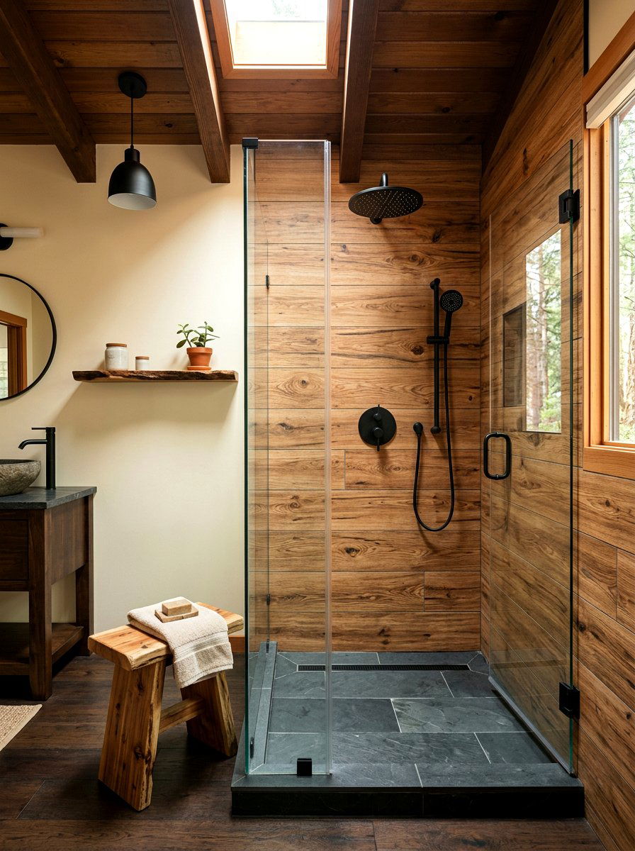Wood Look Tile Shower - 30 rain head shower bathroom ideas