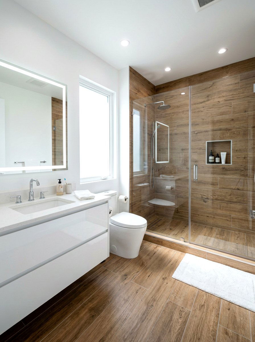Wood Look Tile - 30 farmhouse bathroom ideas