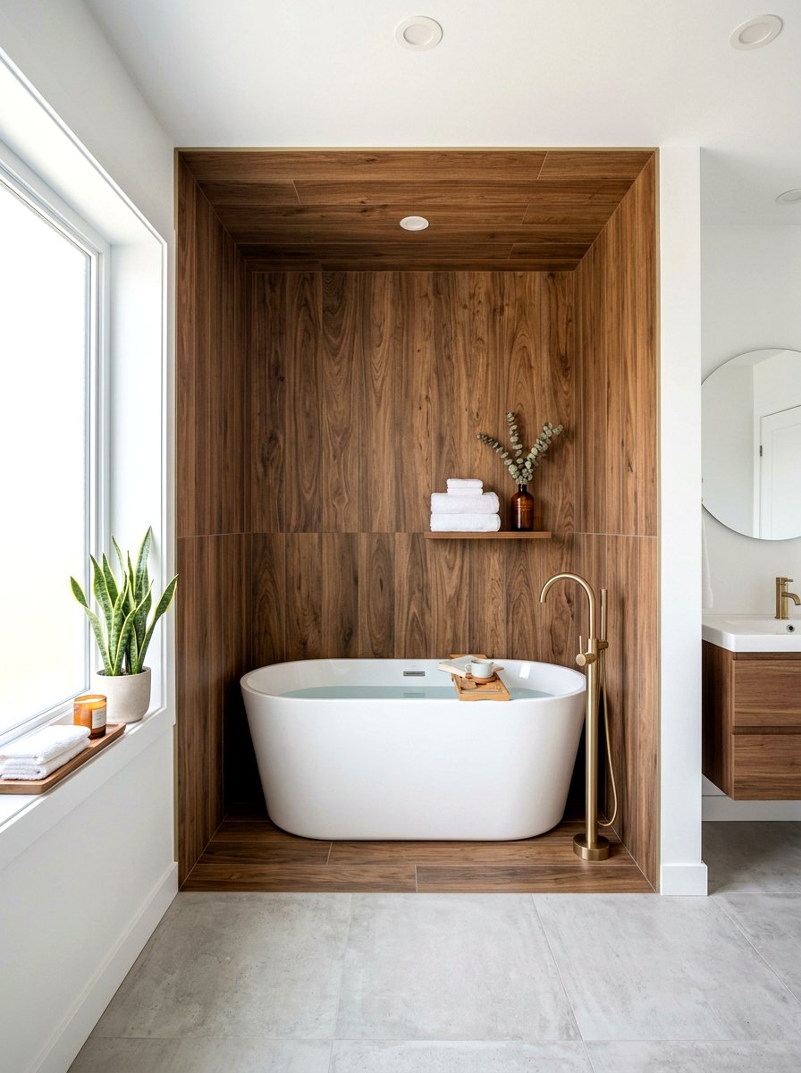 Wood Look Tiled Alcove Tub - 30 freestanding tub ideas