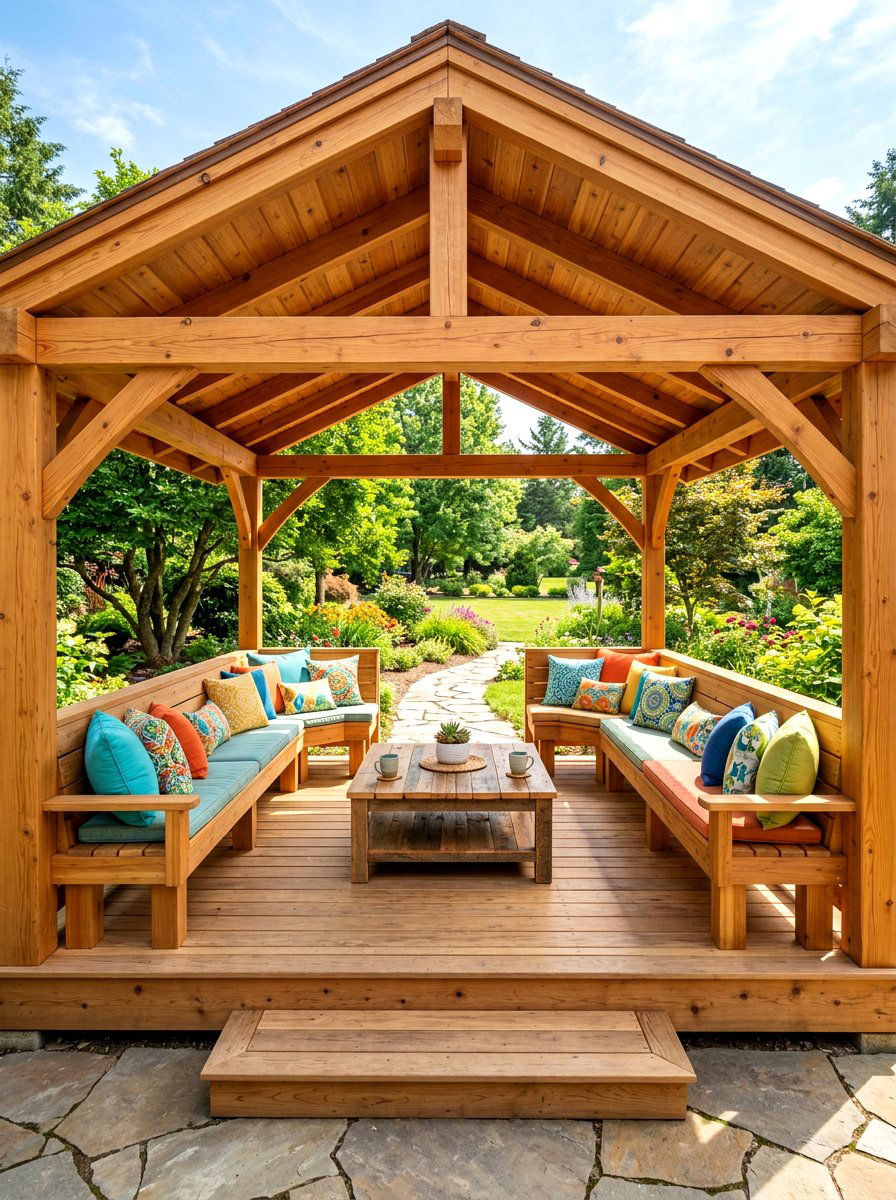 Wood Pavilion With Built In Benches - 30 wood pavilion patio ideas