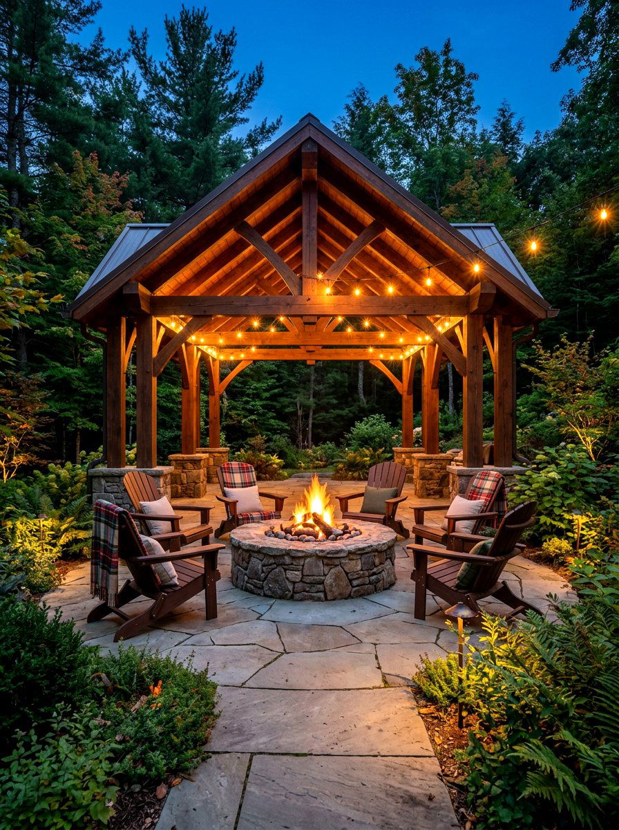 Wood Pavilion With Fire Pit - 30 wood pavilion patio ideas