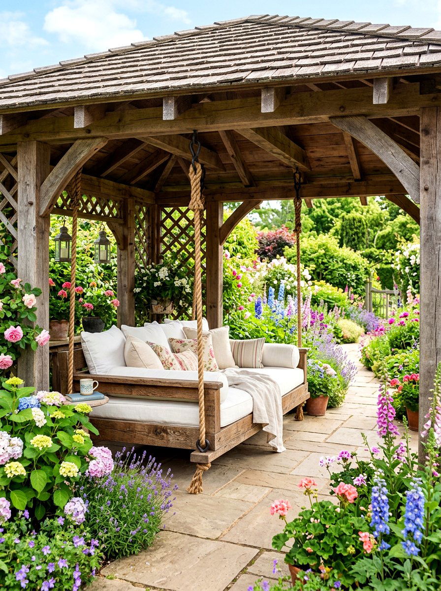 Wood Pavilion With Hanging Bed - 30 wood pavilion patio ideas