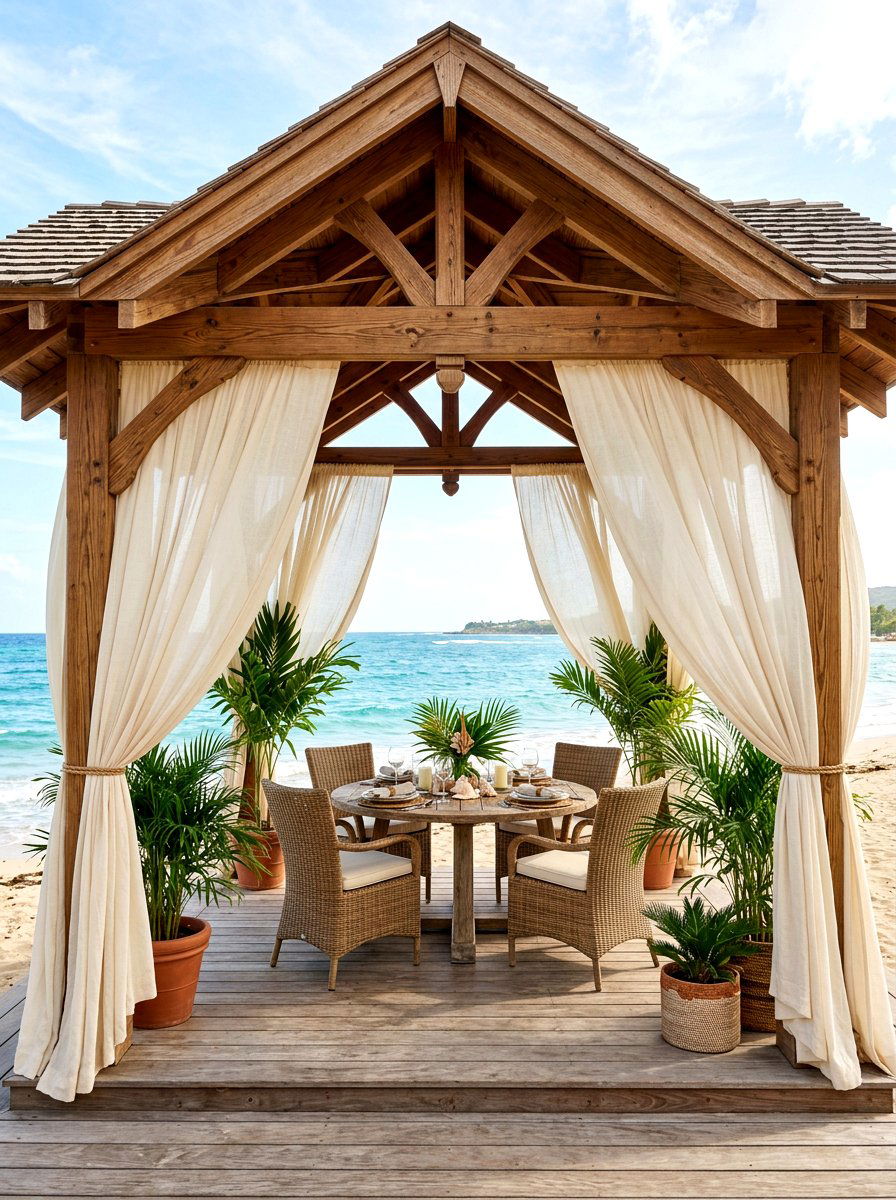 Wood Pavilion With Outdoor Curtains - 30 wood pavilion patio ideas