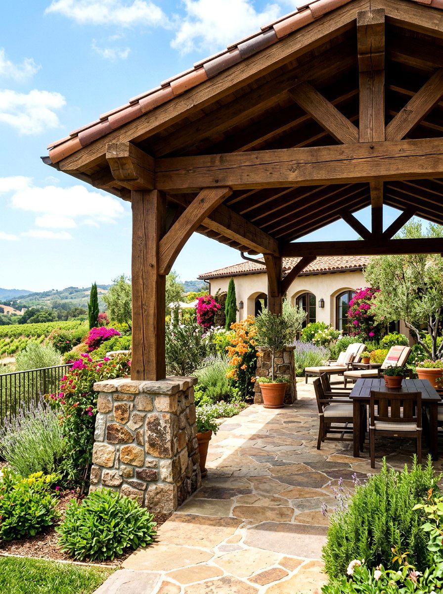 Wood Pavilion With Stone Pillars - 30 wood pavilion patio ideas