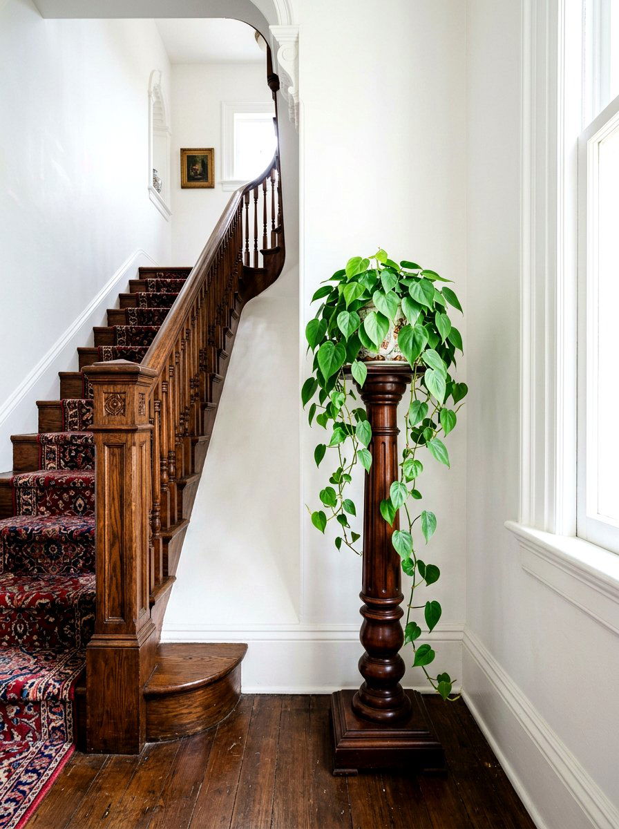 Wood Pedestal Plant Stand - 30 staircase plant corner ideas