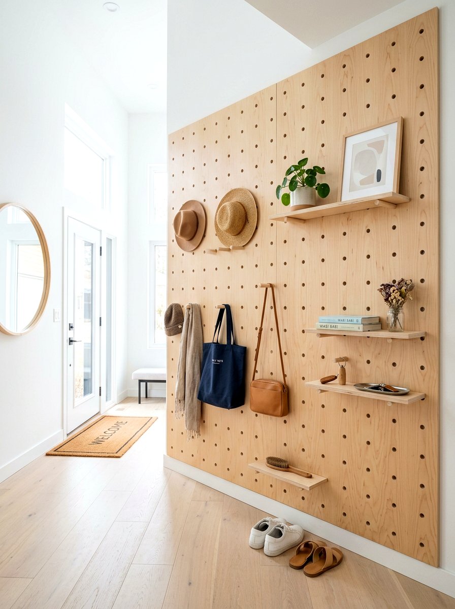 Wood Pegboard Wall - 30 family entryway ideas