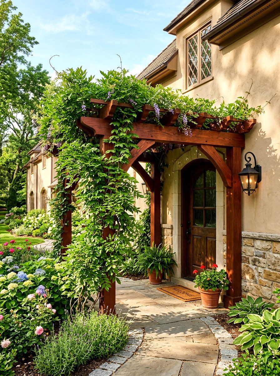 Wood Pergola Over Side Entrance - 30 side entry curb appeal ideas