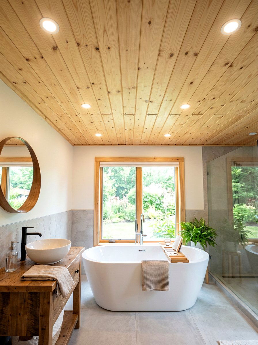 Wood Plank Ceiling - 30 rustic spa bathroom ideas