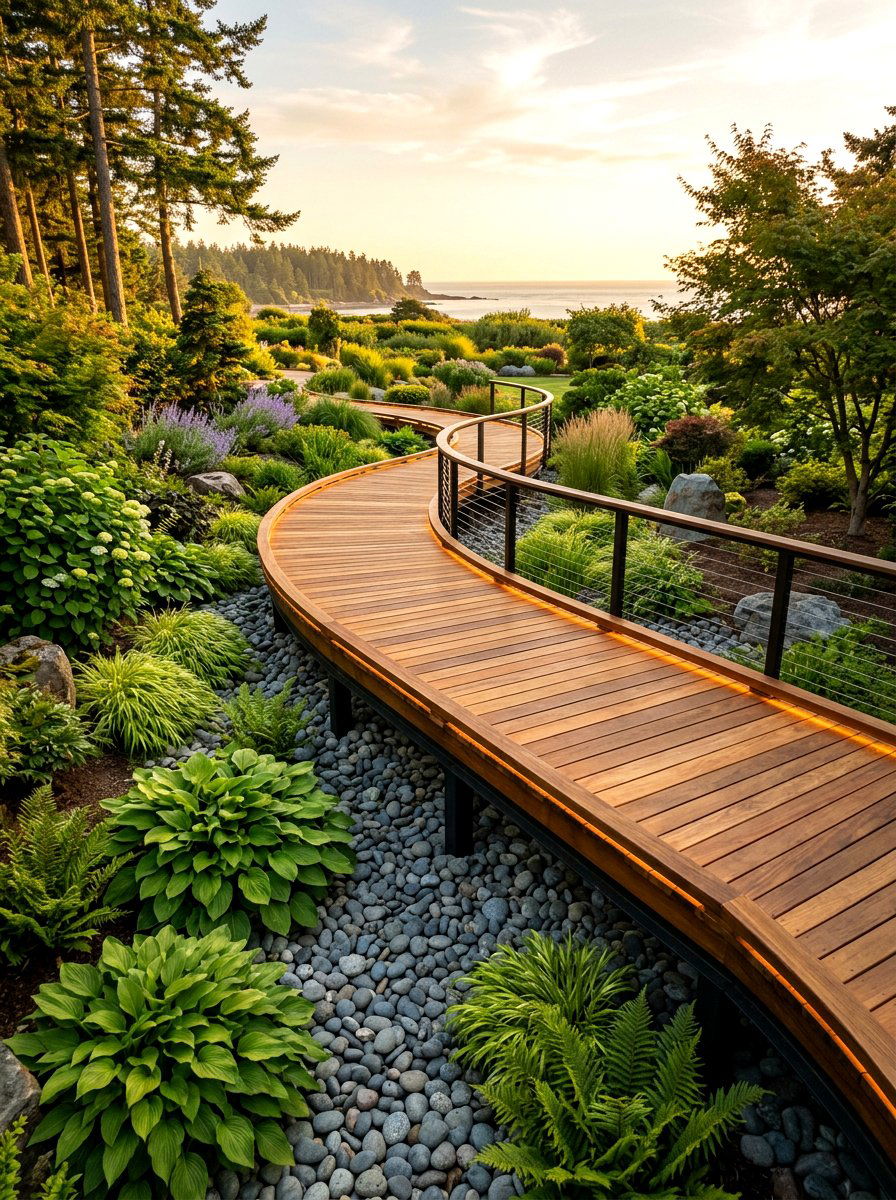 Wood Plank Curved Boardwalk - 30 curved walkway ideas