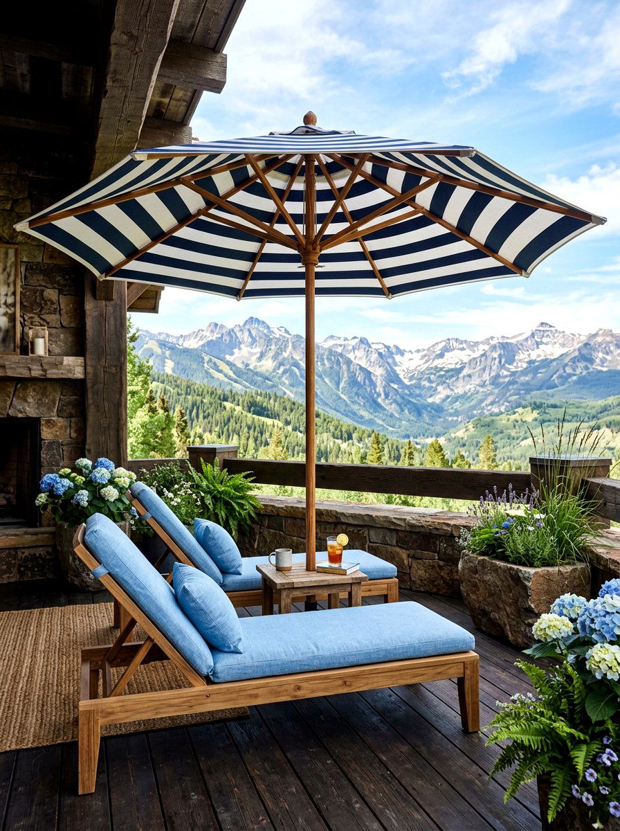 Wood Pole Striped Umbrella - 30 striped porch umbrella ideas