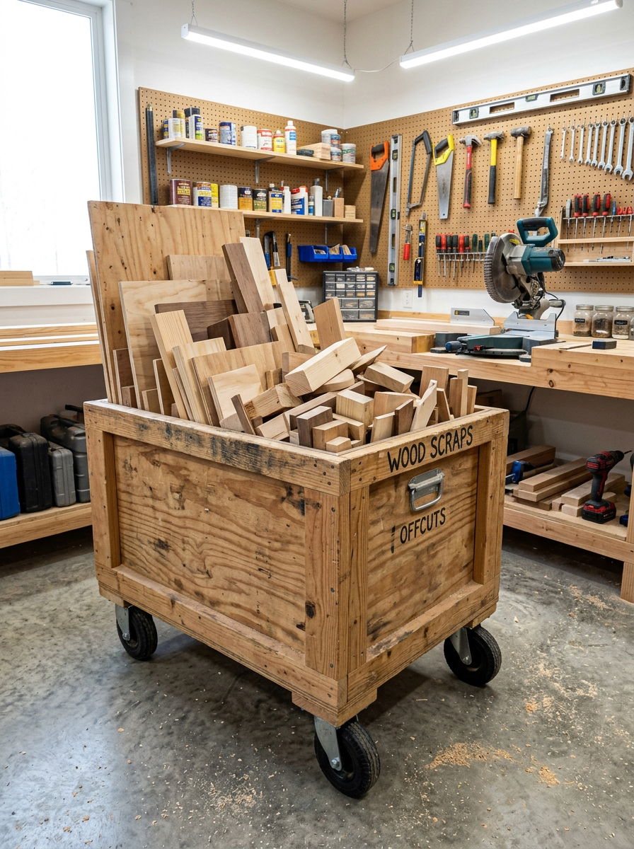 Wood Scrap Storage Bin - 30 shed organization ideas